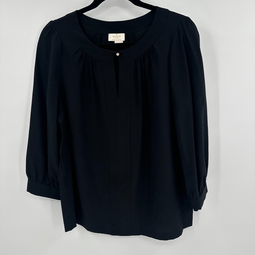 Kate Spade Silk Blouse Top Women's Black Lightweight Long Sleeve Keyhole Front